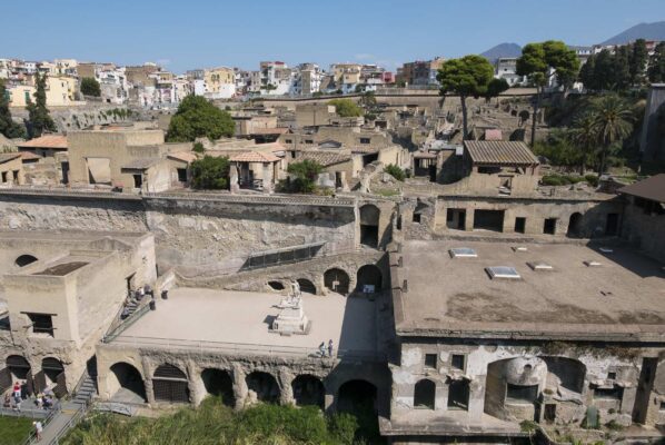 Panoramic view from above the Herculaneum Excavations with ancient buildings.