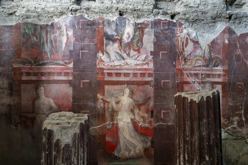 High-resolution restored fresco with black background and green columns