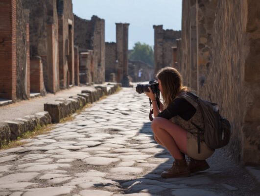 Young photographer crouches while taking a photo among the ruins of Pompeii