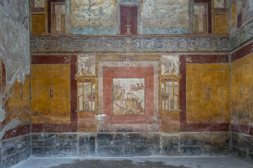 Roman decorative fresco with mythological scenes in the House of Sirico in Pompeii