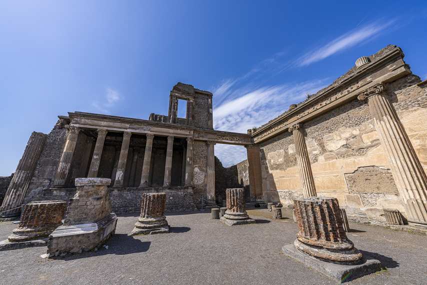 Angular view of the Basilica of Pompeii with blue sky