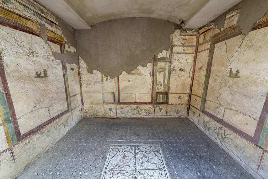 Frescoed room with mosaic floor in the House of the Ephebe in Pompeii