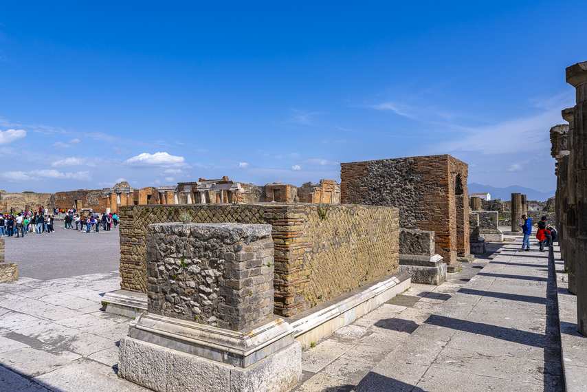 Columns and remains of the Basilica in the Forum of Pompeii