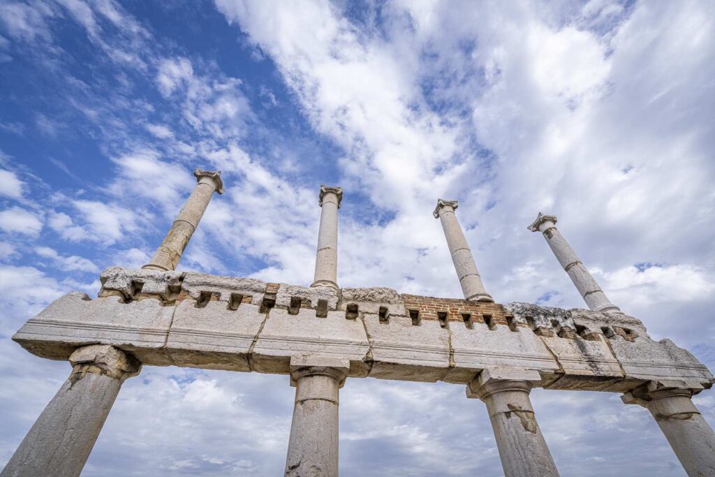 Roman columns from the Forum of Pompeii photographed at an inclined angle