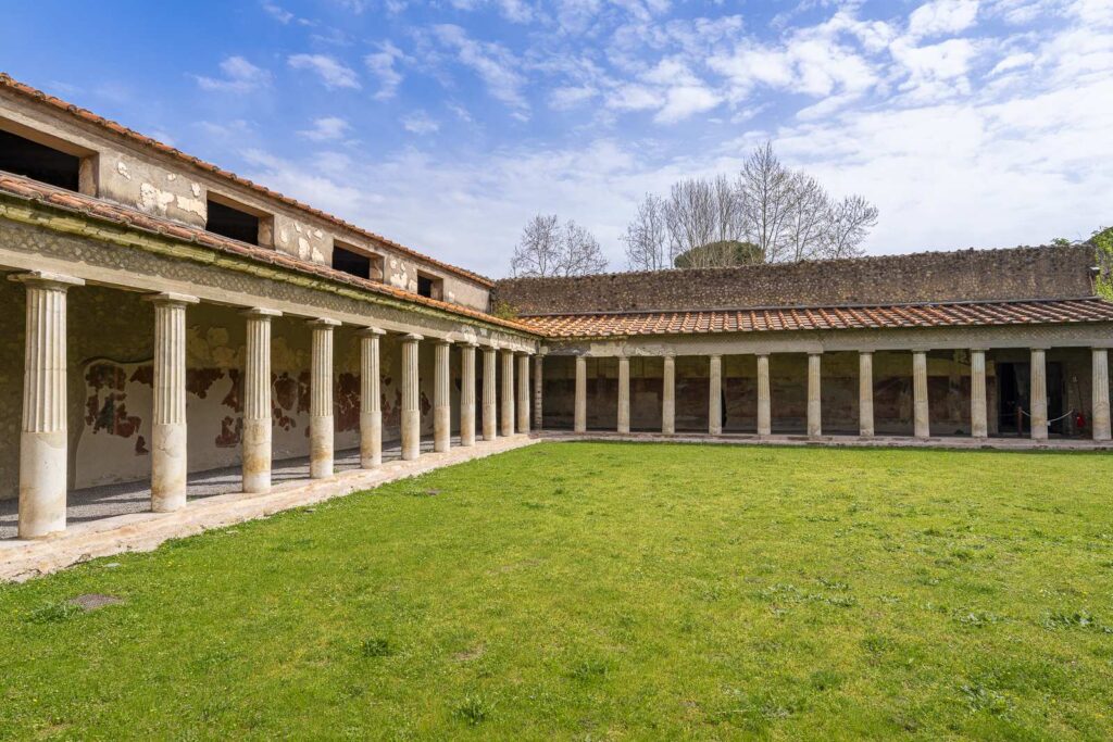 Front view of the peristyle with columns and garden in the Villa of Poppaea at Oplontis